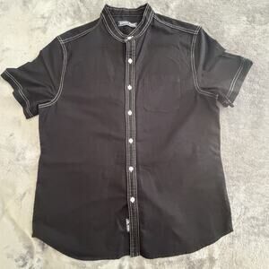 PJ PAUL JONES Men's Black Button-Up Shirt Short Sleeve Band Collar L Cotton